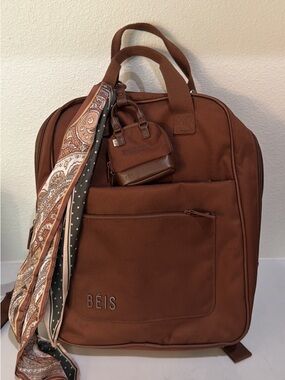 BEIS Chestnut Brown Travel Backpack with Scarf Accent